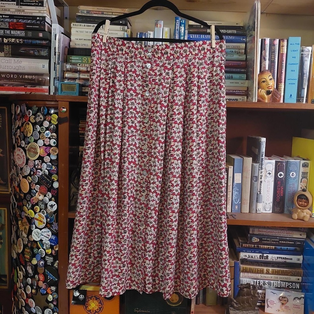 Vintage Krithie Lee Red Cream Floral Button Front Long Skirt 20W Plus Size Rayon